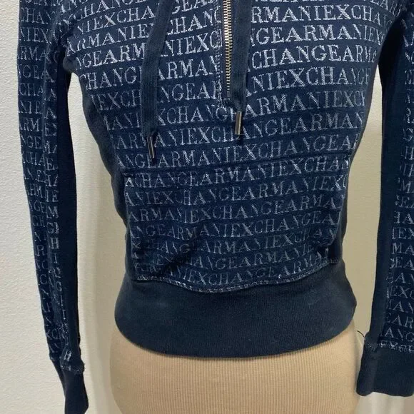 Armani Exchange Black/Silver Hoodie Size XS Quarter Zip Kangaroo Pocket - Picture 3 of 9